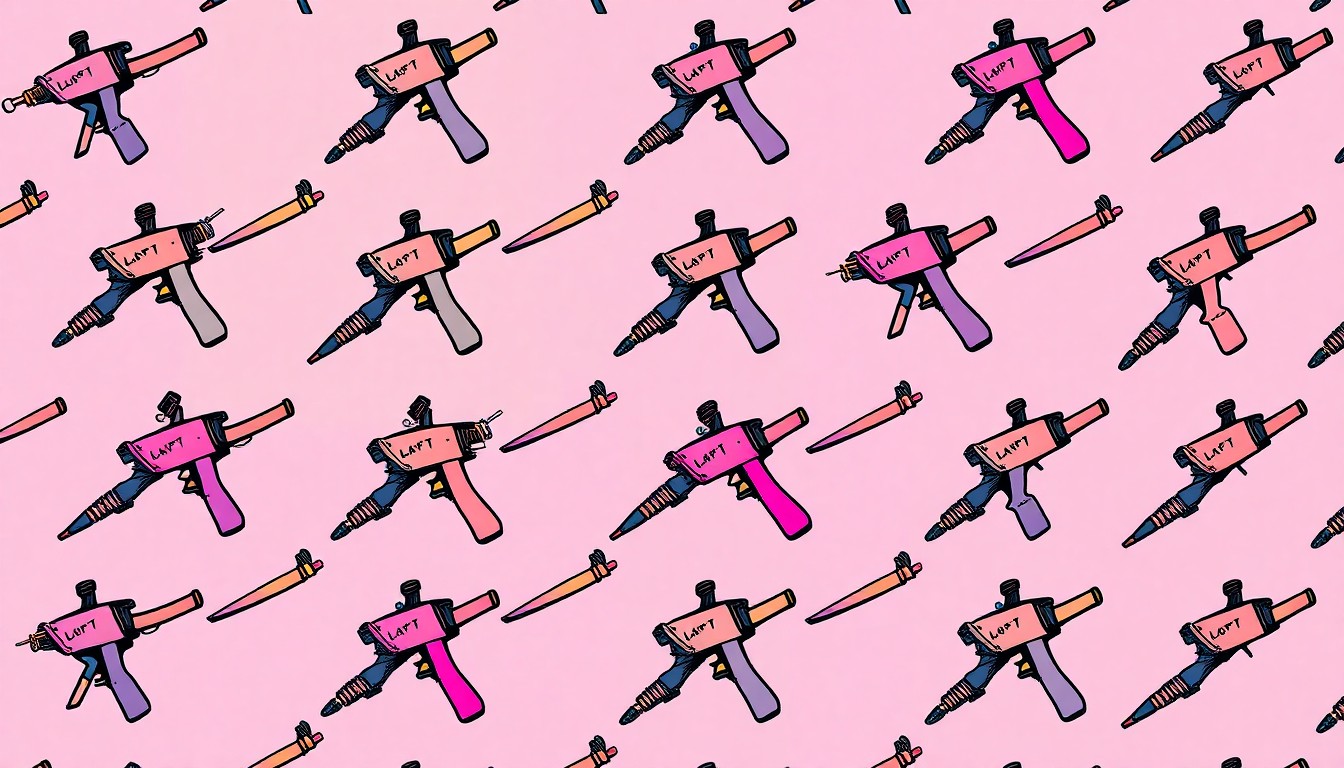 A brightly colored, high-contrast silkscreen print of a tattoo gun repeated in a tight grid pattern, conceptually representing the Stillwater prison tattoo program's ability to turn artistic skills into licensed careers.