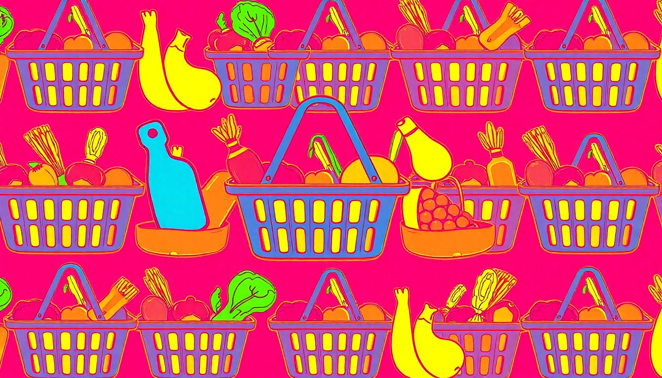 A highly stylized, abstract silkscreen print in neon colors of a single, iconic grocery item repeated in a grid pattern, conceptually representing the celebratory energy and community spirit of a local natural food co-op's anniversary.