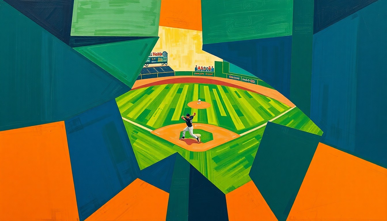 A cubist, fragmented painting depicting the motion of a baseball pitcher, with sharp geometric shapes in navy, green, and orange hues conveying the dynamic energy of the game.