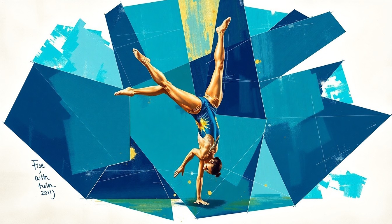 A cubist, geometric painting depicting a gymnast performing a tumbling pass, with the figure broken into overlapping planes of vibrant navy, teal, and gold colors.