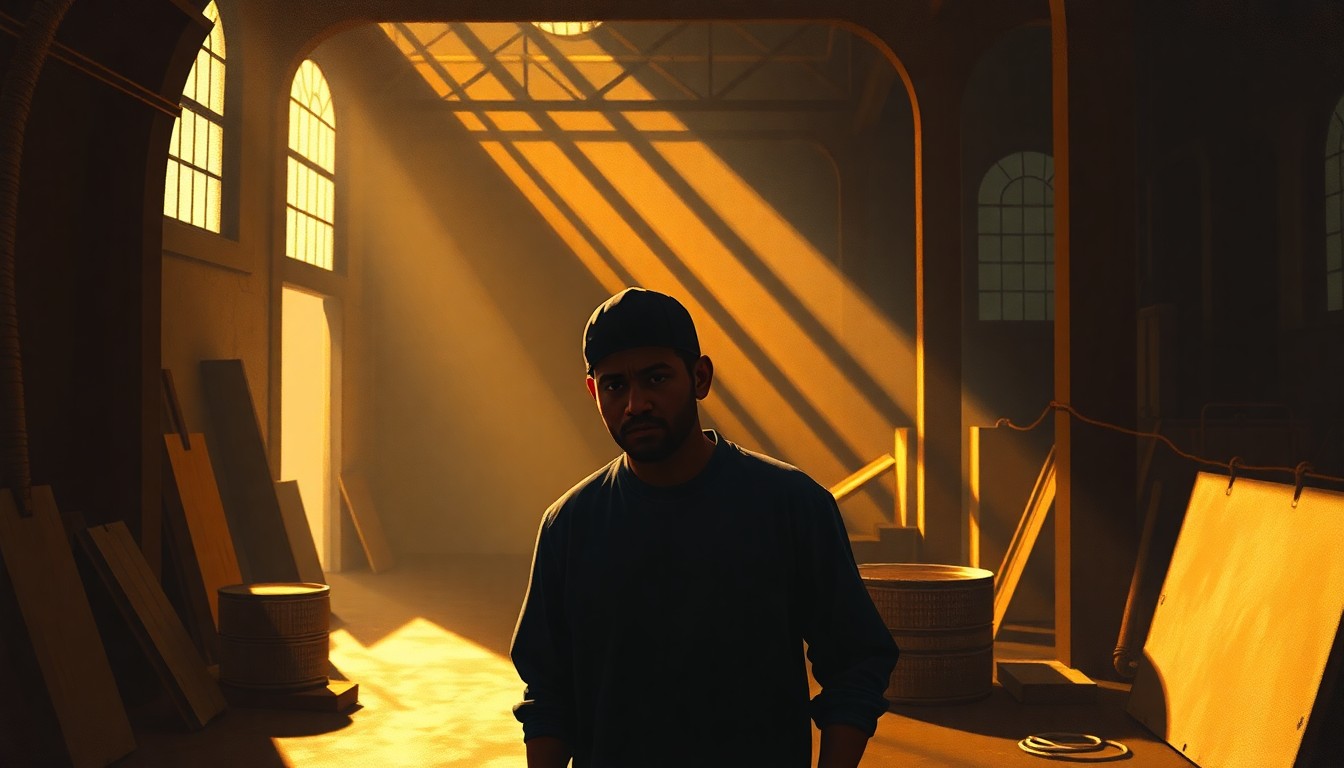 A photorealistic painting of a lone immigrant worker in a factory or construction site, their face partially obscured by shadow but their hard-working posture and focused gaze conveying the dignity and importance of their role in the American economy.