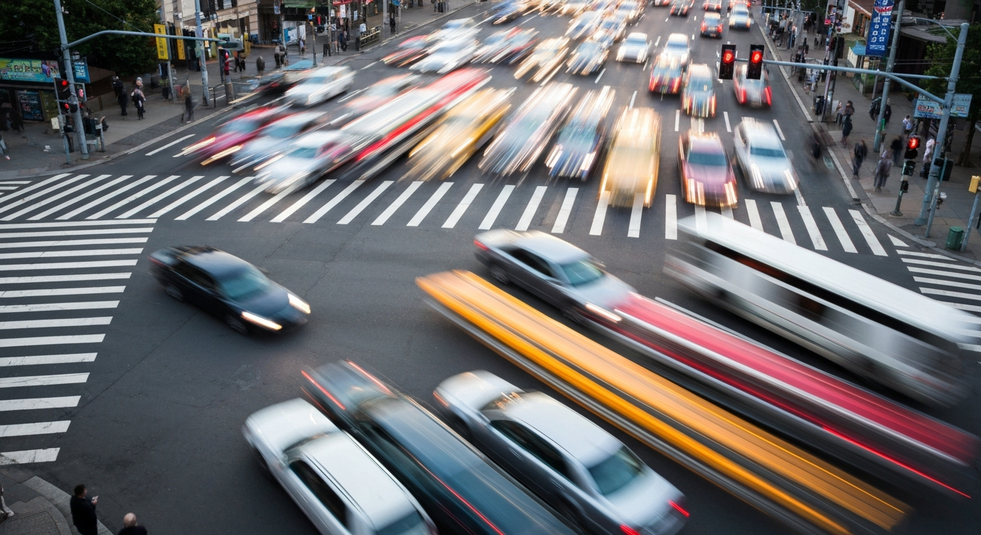 An abstract, colorful image with blurred motion lines representing the busy intersection and traffic flow.
