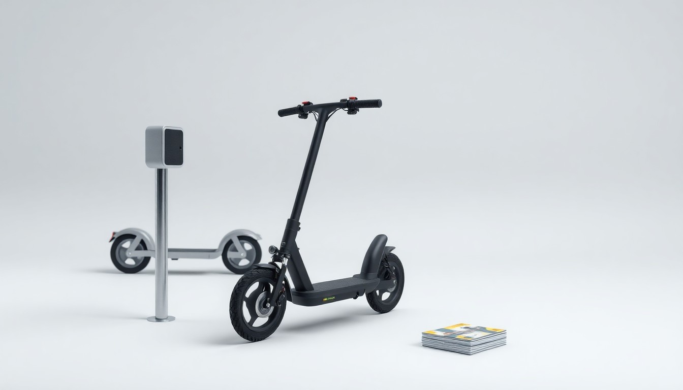 A photorealistic studio still life featuring a polished metal parking meter, a sleek electric scooter, and a stack of colorful transit passes, arranged elegantly to represent the intersection of urban mobility, parking policy, and community access.