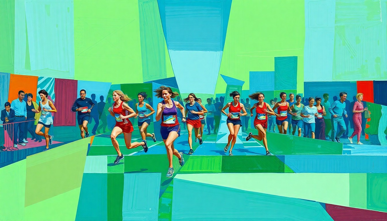 A cubist, geometric painting depicting the motion and energy of a women's 10k running race, with overlapping planes of color and form.