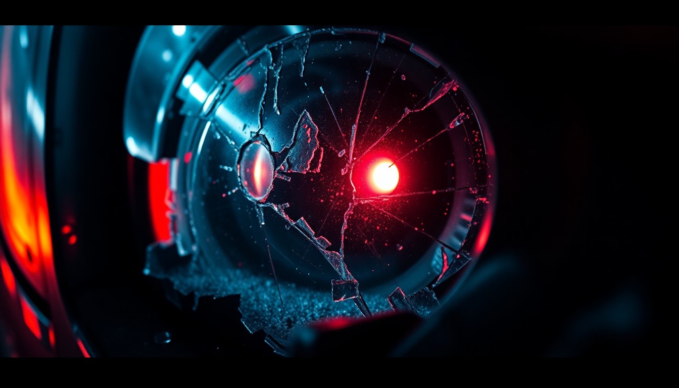 An extreme close-up photograph of a shattered car sensor lens reflecting a faint red light, conceptually representing the devastation caused by a high-speed street racing crash.