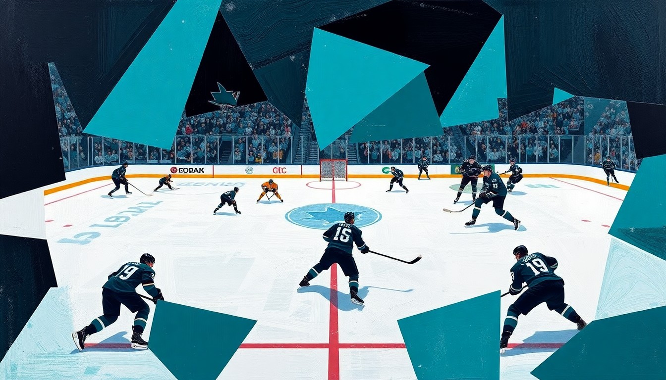 A cubist-style painting featuring sharp, overlapping geometric shapes in the Sharks' team colors of teal, black, and white, conceptually representing the dynamic action and energy of a hockey game.