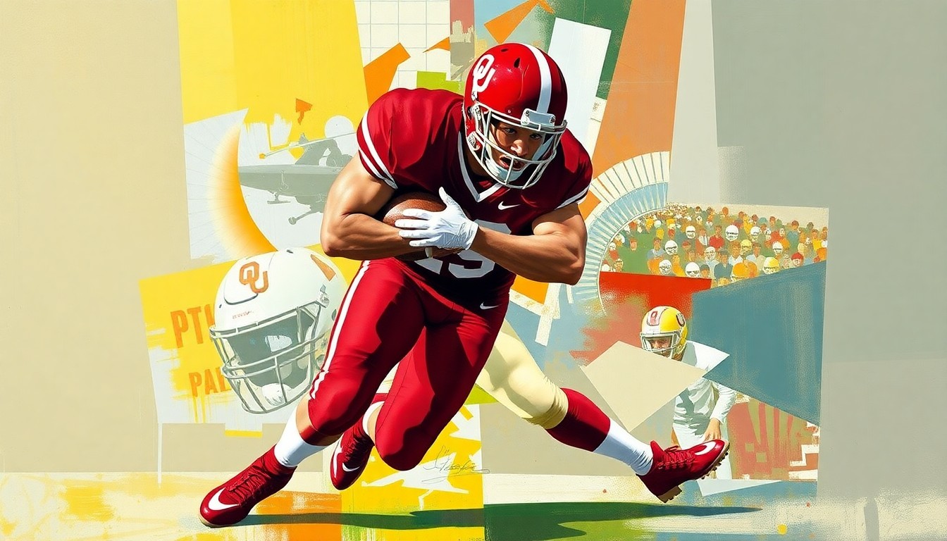 A cubist, geometric painting depicting a football player in motion, with sharp planes of crimson red and cream representing the University of Oklahoma Sooners team colors. The fragmented, multi-perspective style captures the raw energy and physicality of the sport.