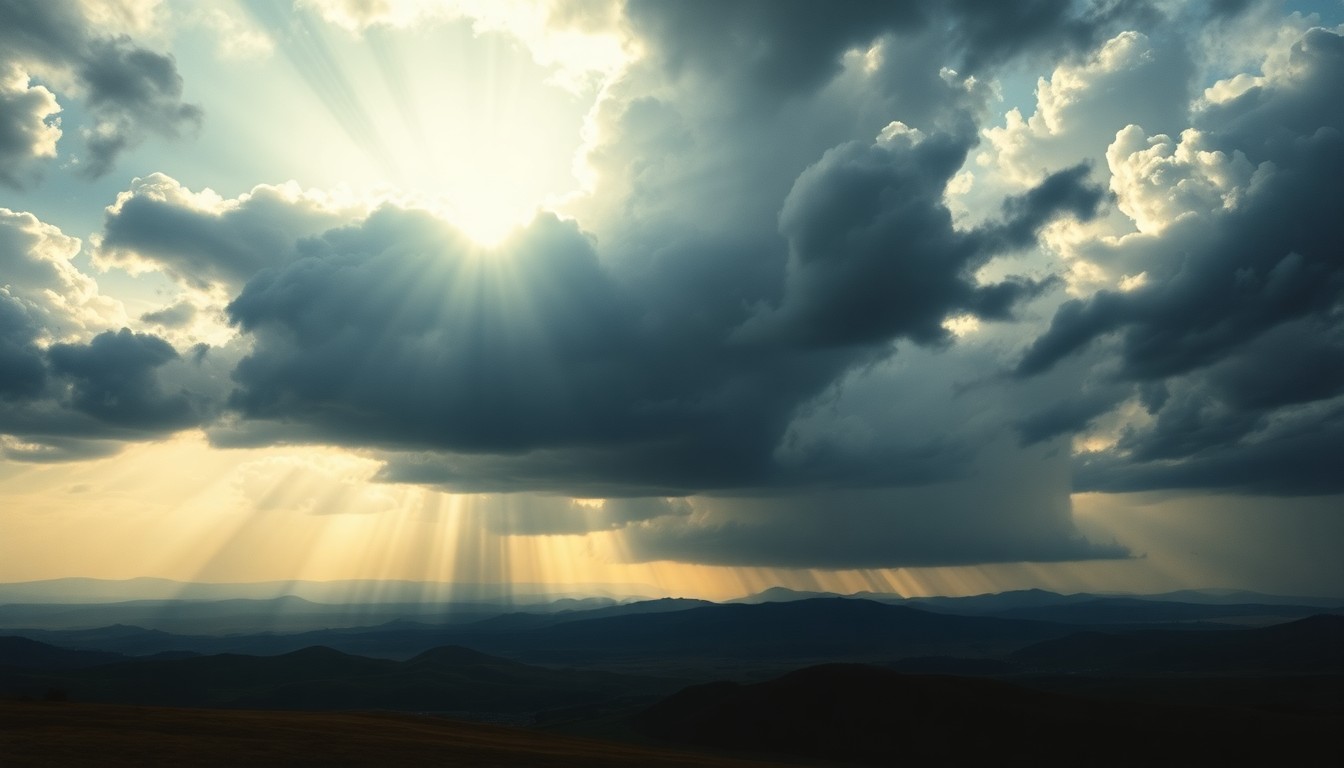 A vast, atmospheric landscape painting in muted tones of gray, blue, and gold, with heavy clouds and dramatic rays of sunlight breaking through, casting a moody glow over a rolling, hilly horizon, conveying the sublime power of nature.