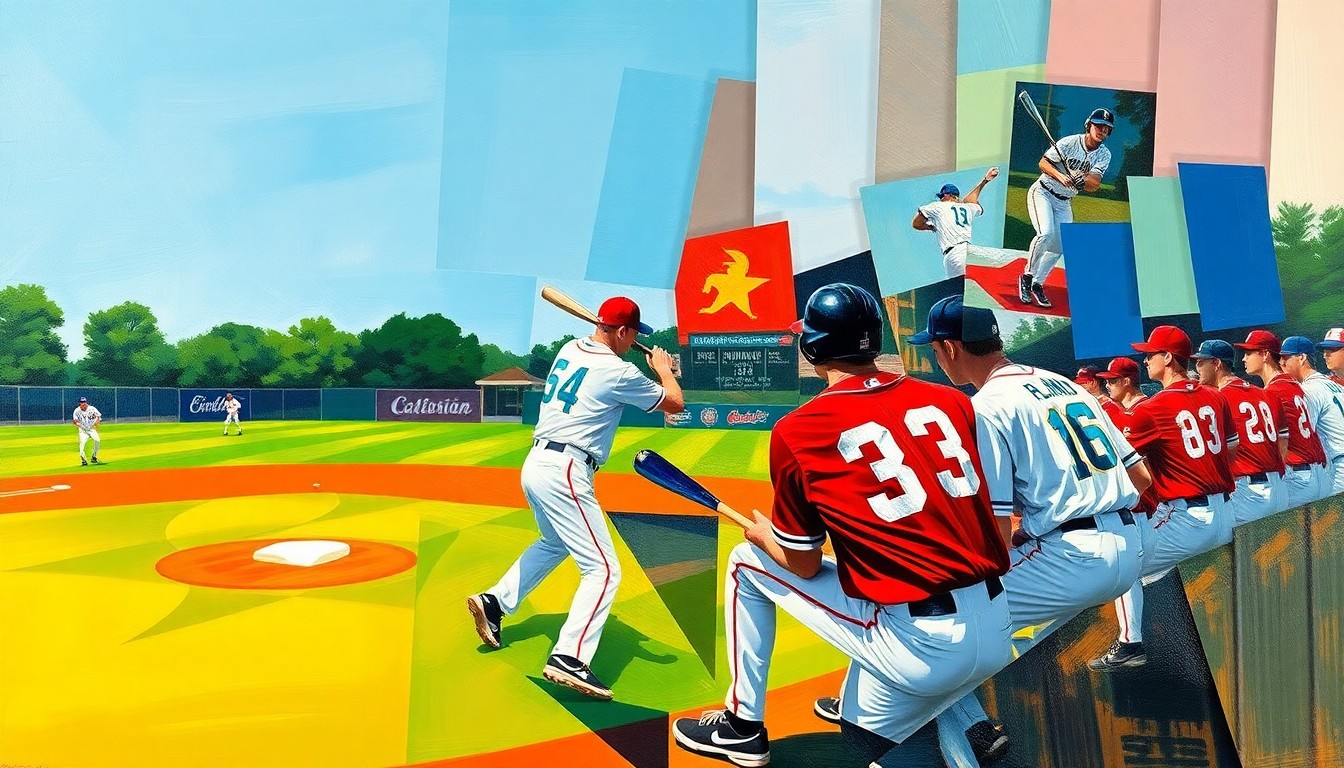 A fragmented, geometric painting depicting a high school baseball game, with sharp, overlapping planes of color representing the players, field, and equipment in an abstract, conceptual style.