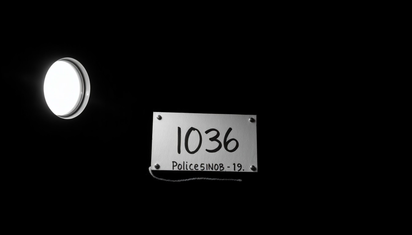 An extreme close-up photograph of a single police evidence marker, such as a numbered placard or chalk outline, lit by a harsh direct camera flash against a pitch-black background, creating a stark, gritty, investigative aesthetic.