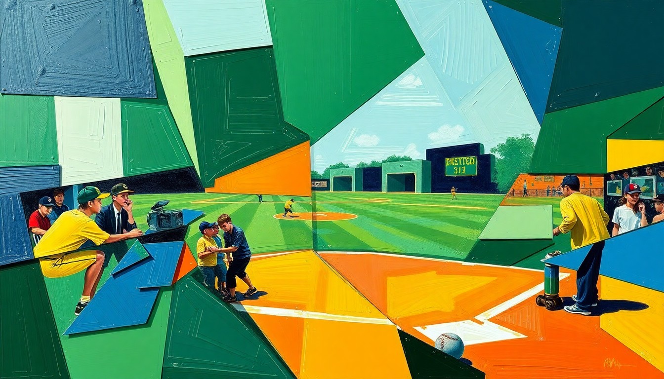 A cubist, geometric painting depicting the dynamic action of a junior high baseball and softball game, with overlapping planes of green, blue, and yellow conveying the energy and excitement of the competitions.