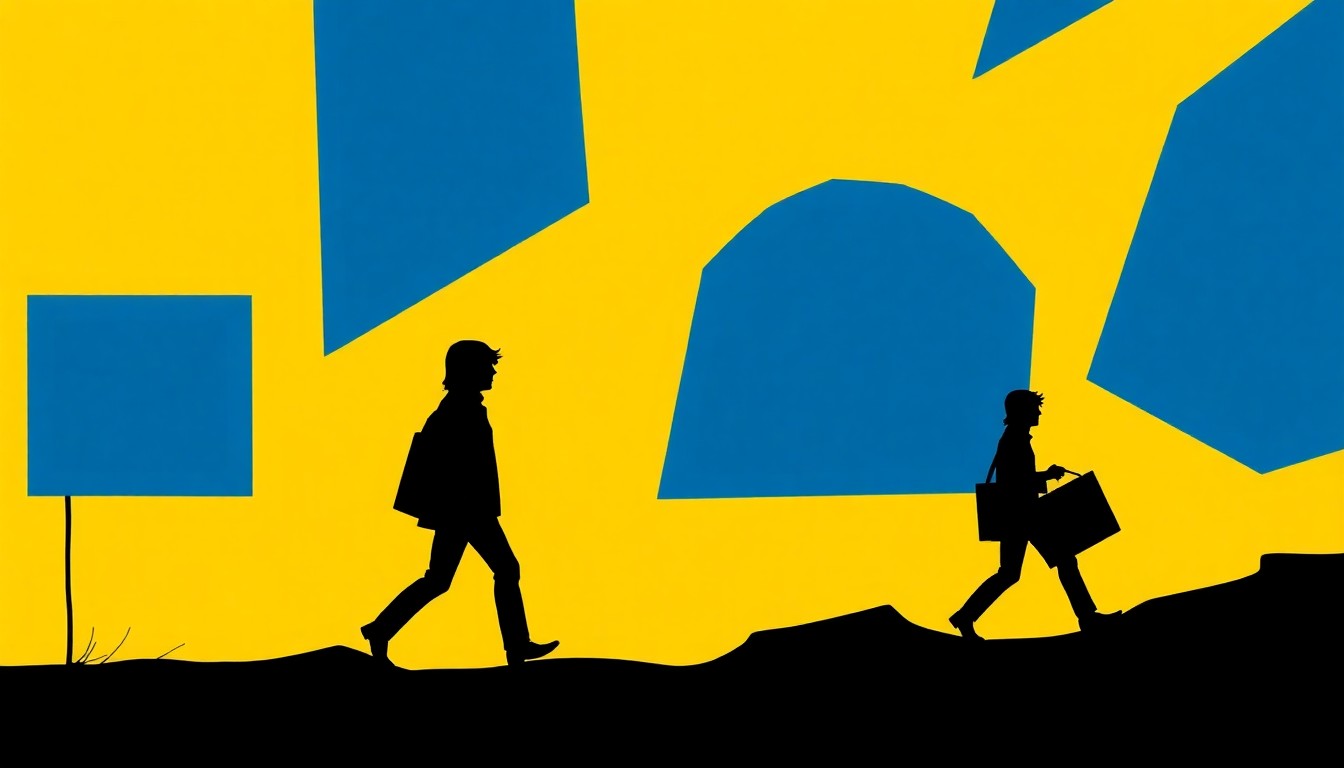 An abstract, minimalist illustration featuring bold, jagged shapes in deep blue and bright yellow, conceptually representing George Harrison's 1963 visit to Illinois before the Beatles became global superstars.