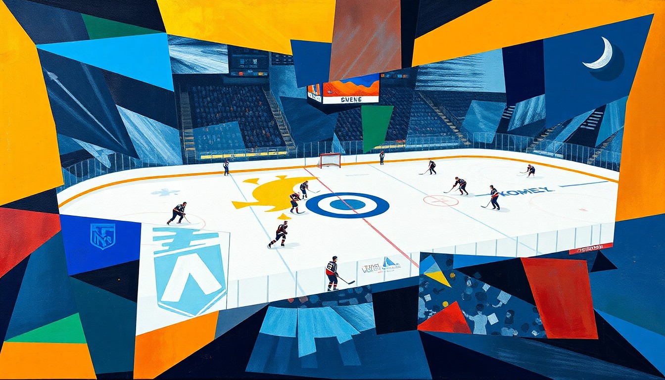 A cubist, geometric painting depicting a hockey game between two teams, with the players and action broken down into overlapping angular shapes and planes in the team's official colors.