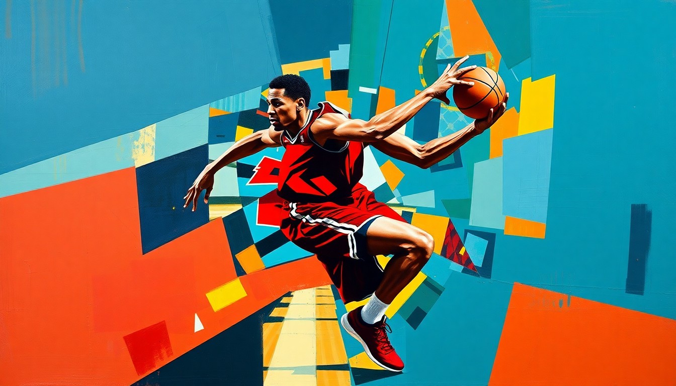 A cubist-style painting depicting a basketball player's movements broken down into overlapping geometric shapes and planes, using the University of Louisville's colors of red and black.