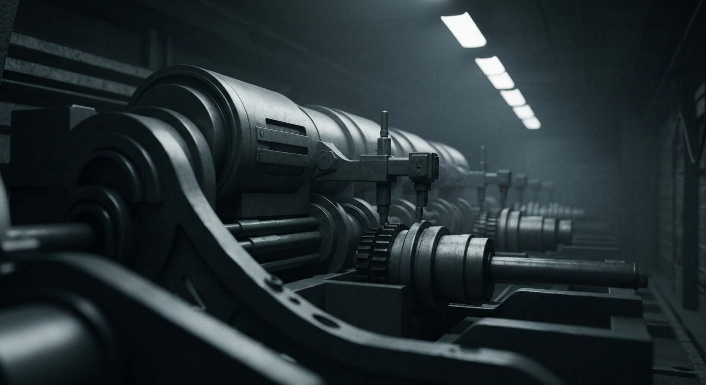 An extreme close-up of complex, interlocking mechanical components and gears in a heavy industrial banking machine, conveying the technological sophistication and importance of Broadcom's semiconductor solutions.