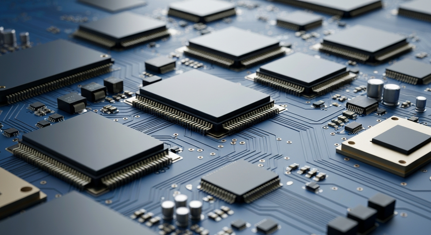 An extreme close-up of complex, metallic Qualcomm semiconductor components and circuit boards, dramatically lit against a dark background, conceptually representing the firm's technological prowess and investment potential.