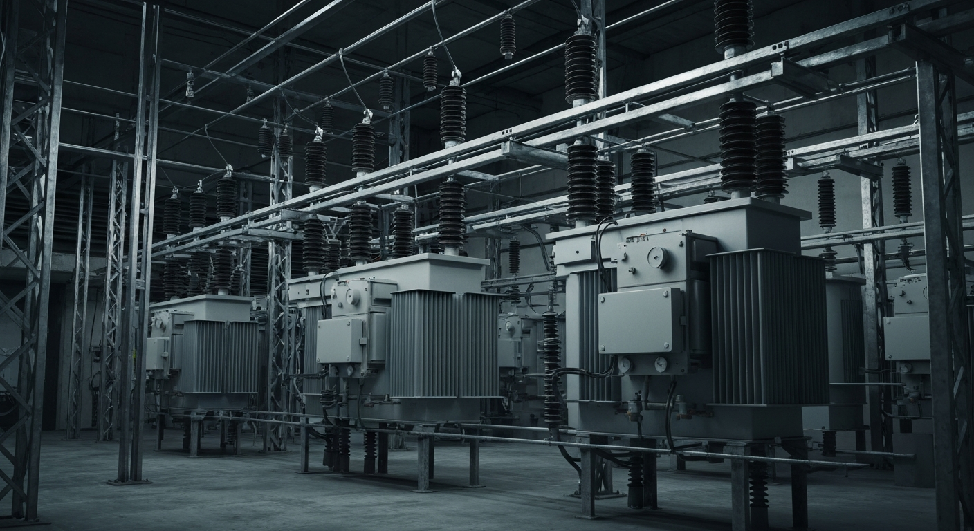 A highly detailed, black-and-white close-up image of the complex machinery and gears inside an electrical substation, representing the intricate systems that power the electric grid.