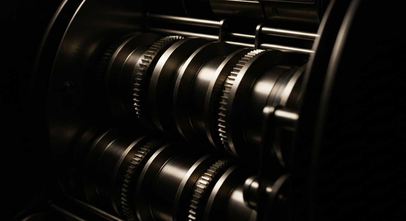 An extreme close-up of the heavy, industrial gears and mechanisms of a vintage stock trading floor ticker machine, bathed in dramatic shadows and highlights, conceptually representing the complex financial infrastructure supporting Disney's stock market performance.