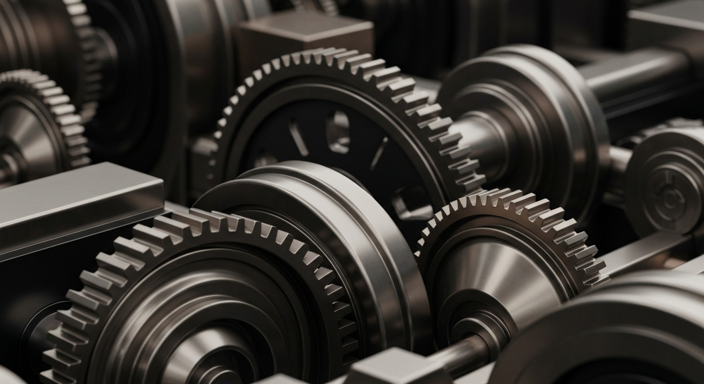 An extreme close-up of intricately detailed industrial machinery and gears, conveying the secure, powerful financial infrastructure of Graco's business.