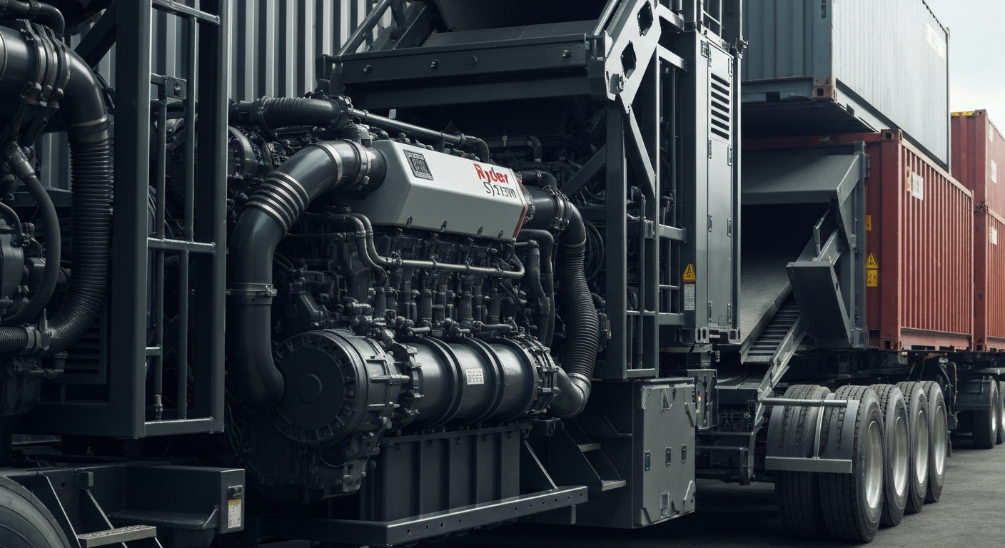 An extreme close-up of heavy, industrial Ryder System machinery and equipment, conveying a sense of the company's scale and operational capabilities.