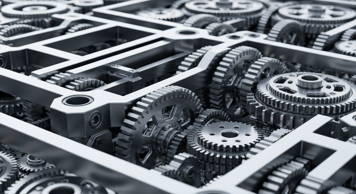 An extreme close-up of complex, interlocking metal gears and machinery, representing the financial infrastructure and institutional investment behind a major biotech company.