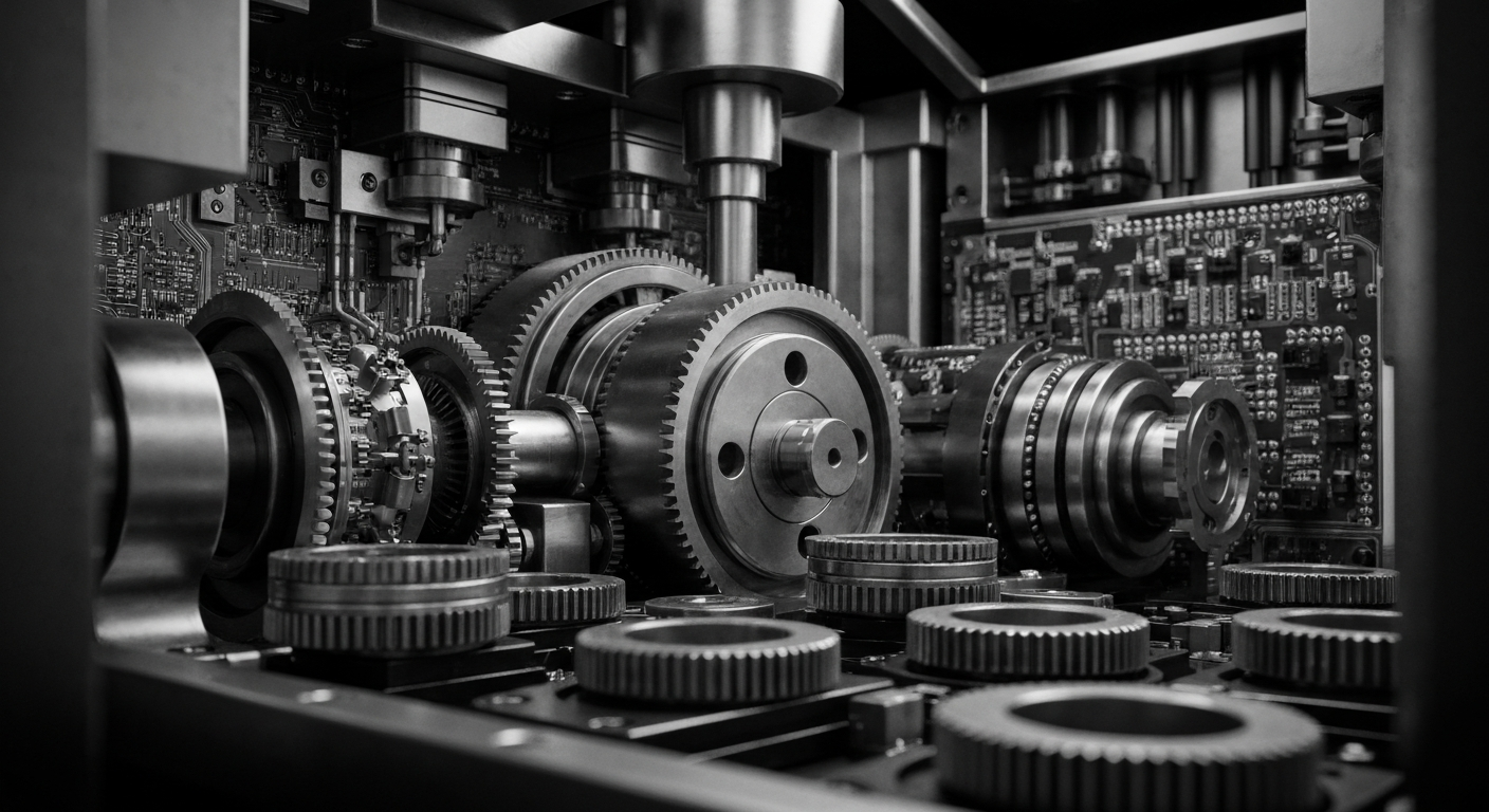 A high-contrast, close-up image of the inner workings of a semiconductor manufacturing machine, with gears, circuits, and other mechanical components filling the frame in an industrial, black-and-white style.