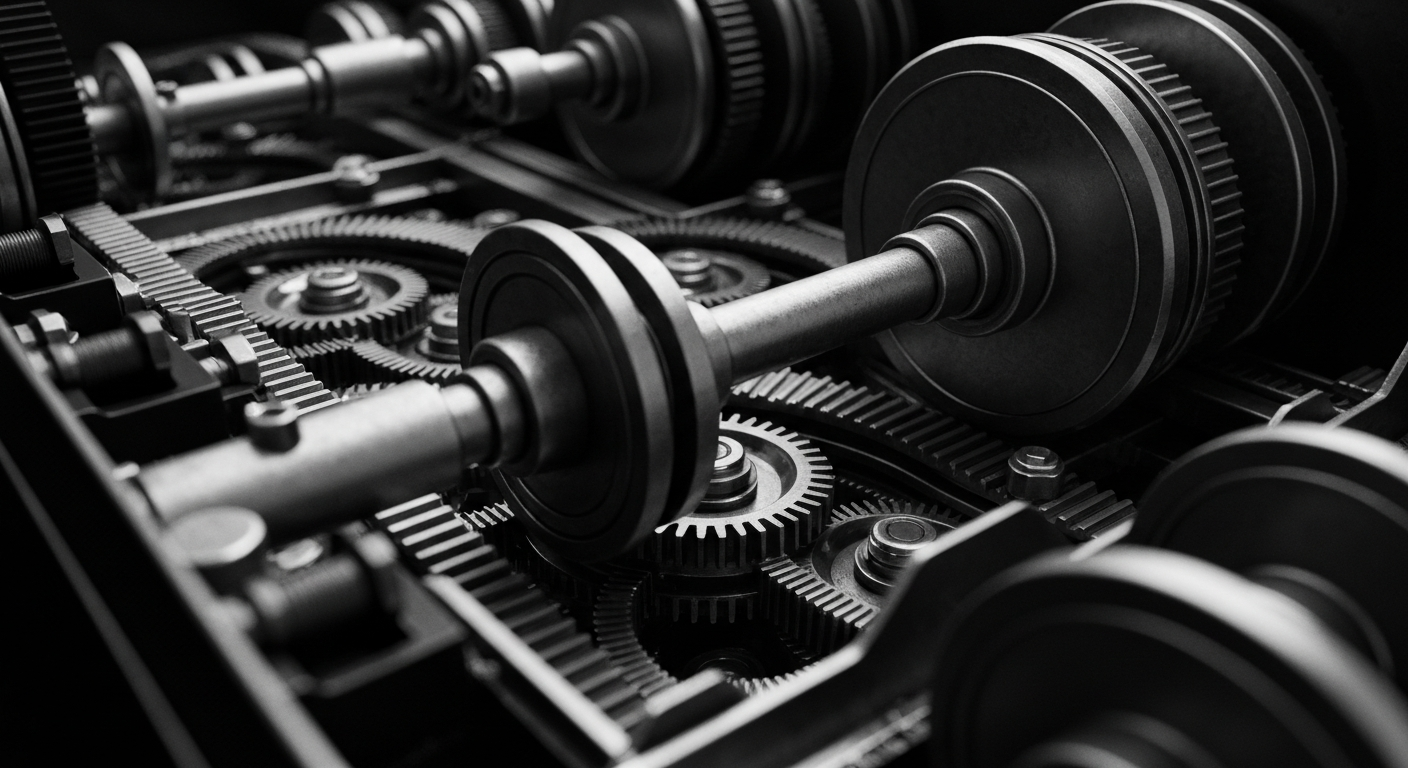 An extreme close-up of the inner workings of a high-tech computer server, with gears, circuits and other industrial components filling the frame, conceptually representing the complex financial infrastructure behind social media platforms.