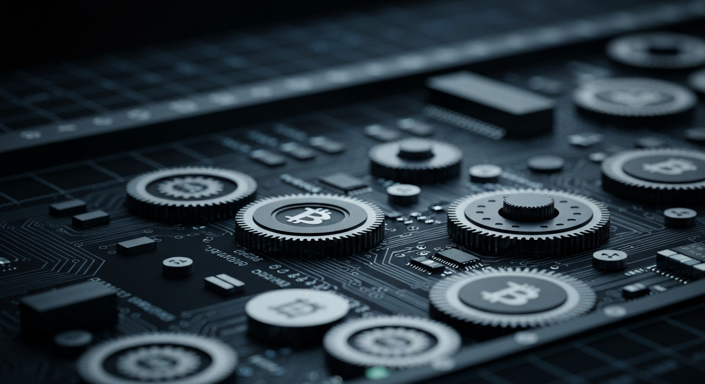 An extreme close-up of the inner workings of a cryptocurrency trading platform, with gears, circuits, and other mechanical components symbolizing the complex financial infrastructure behind Bitcoin.