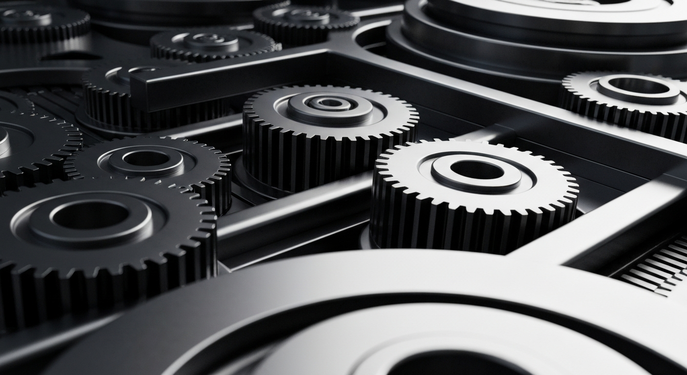 An extreme close-up of intricately detailed metal gears and machinery, conveying the technical complexity and industrial nature of the semiconductor business.