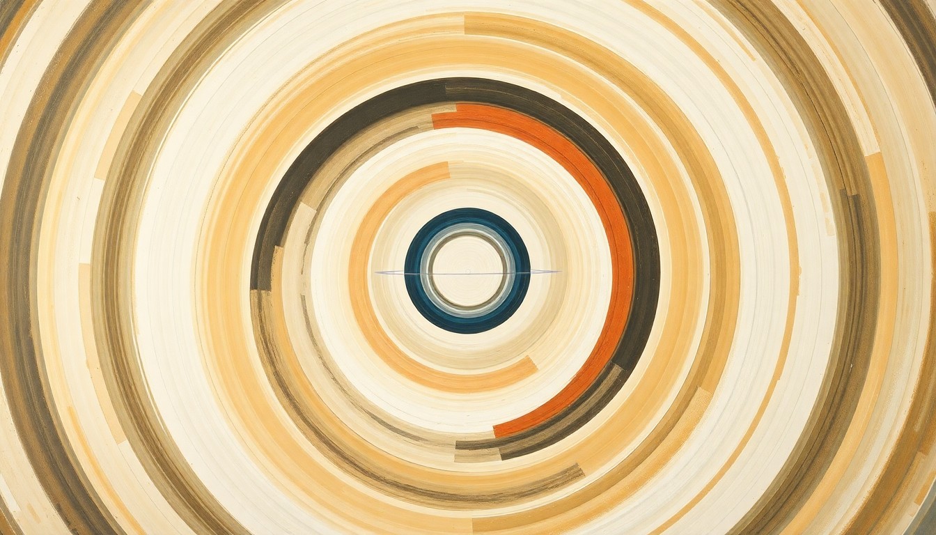 A bold, abstract painting featuring sweeping geometric arcs, concentric circles, and intricate waveforms in earthy tones of ochre, olive, and indigo, conceptually representing the discovery of superluminal optical vortices within light waves.