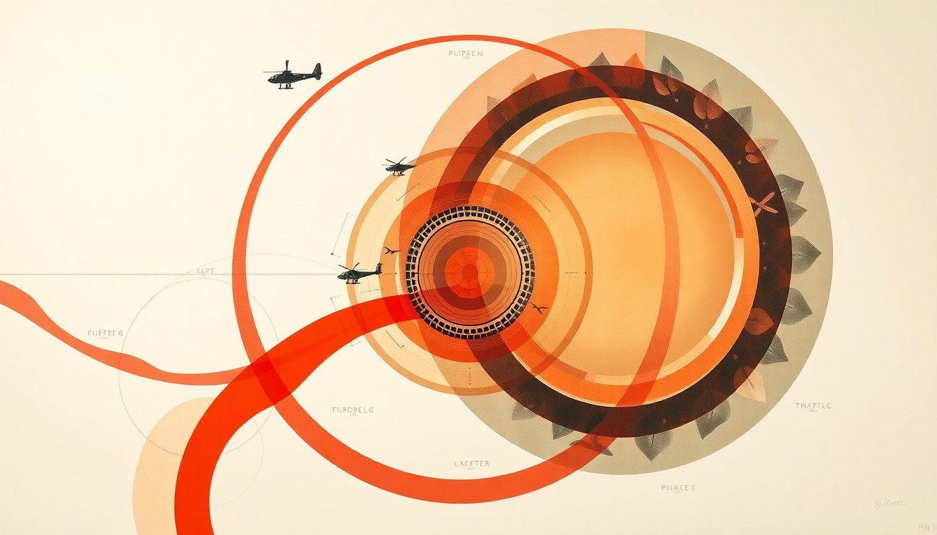 A highly structured abstract painting in soft, earthy tones featuring sweeping geometric arcs, concentric circles, and precise botanical spirals, conceptually representing the complex network of aerial firefighting assets.