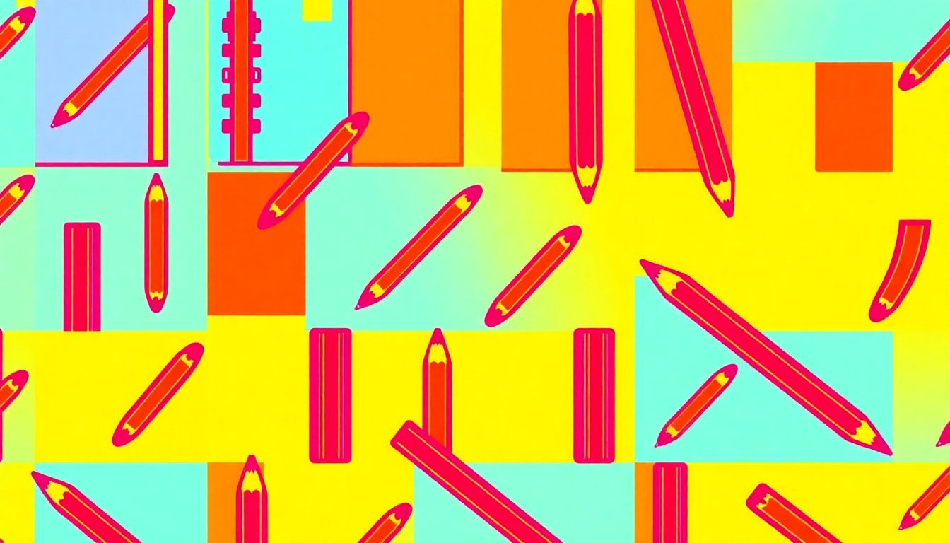 A highly stylized, silkscreen-inspired illustration featuring a repeating grid pattern of a single school supply item, such as a pencil or notebook, rendered in a vibrant, neon color palette with heavy black outlines, conceptually representing the collective energy and determination of the upcoming teacher protest.