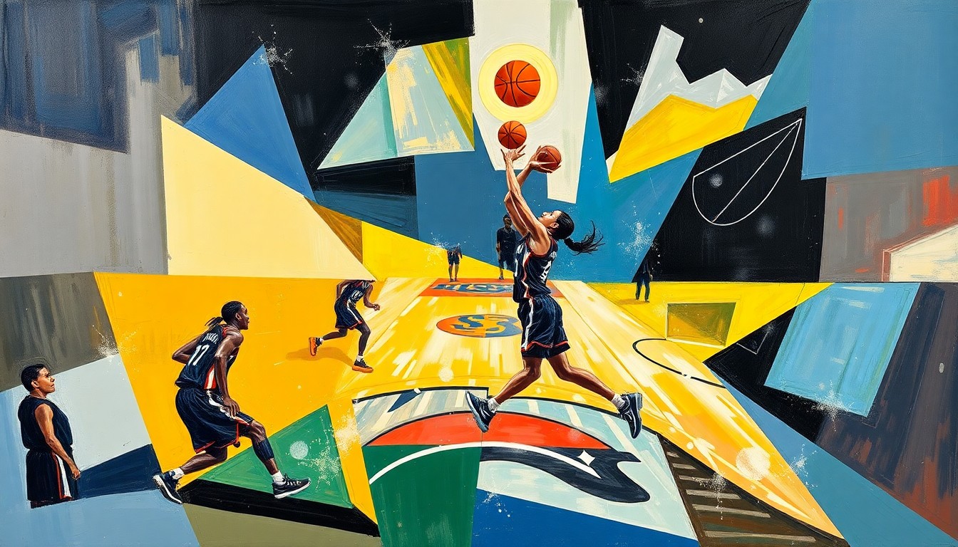 A cubist, geometric painting depicting the dynamic movement and competition of a WNBA basketball game, with sharp, overlapping planes of color and form.