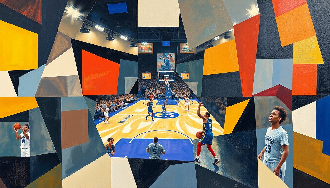 A cubist, geometric painting depicting a fragmented WNBA basketball game, with sharp, overlapping planes of color and form representing the strategic changes and roster moves the Phoenix Mercury are undertaking.