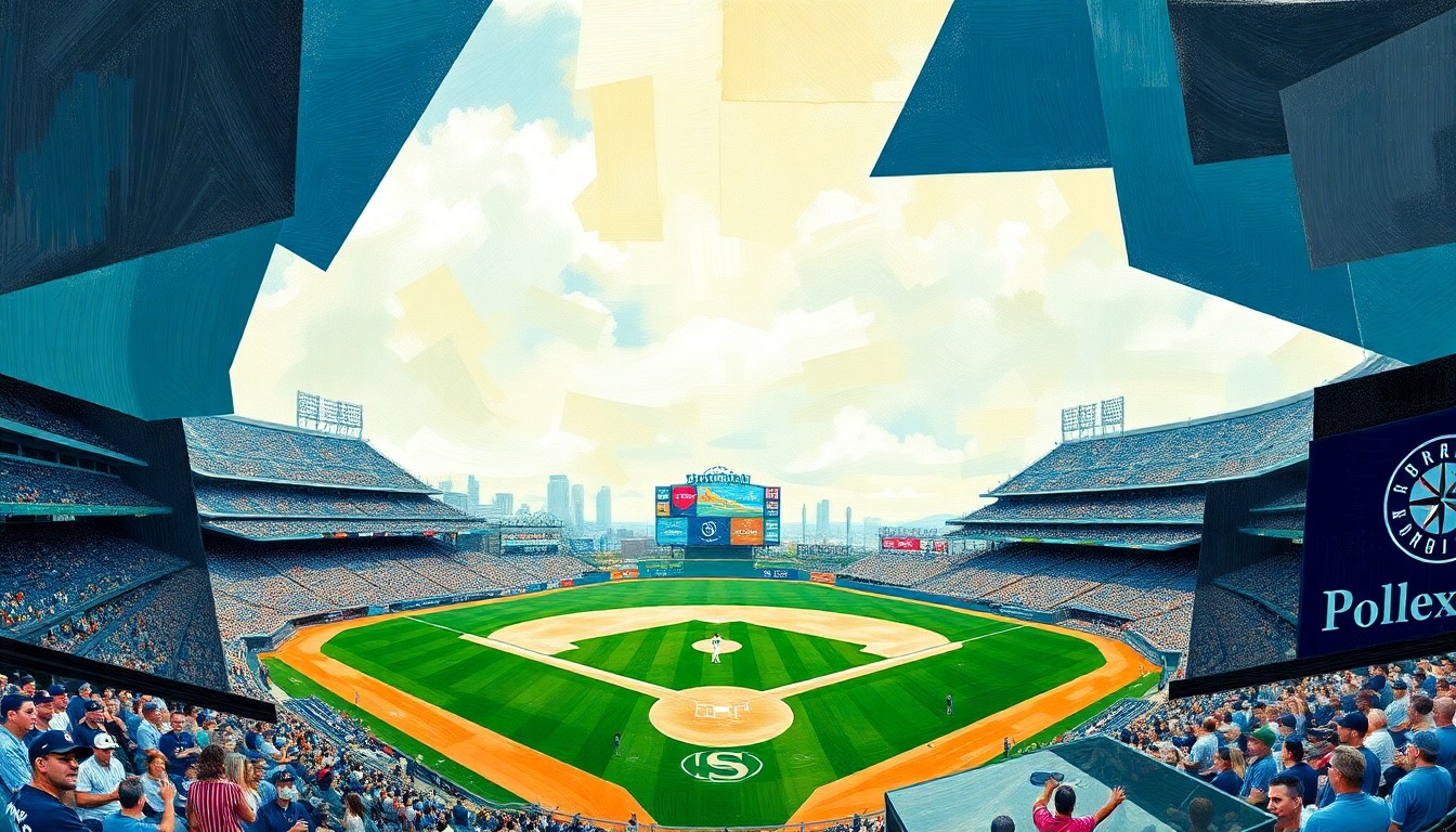 A cubist-style painting depicting a baseball game in fragmented, geometric shapes and planes of color, representing the Padres' comprehensive win over the Mariners.