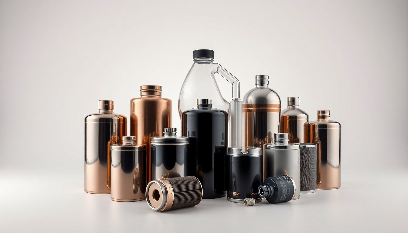 A high-end, photorealistic studio still-life photograph featuring a collection of polished metal and glass lubricant containers, oil filters, and other industrial lubrication components arranged elegantly on a clean, monochromatic background, conveying the precision and reliability of Lubrication Engineers' products and services.