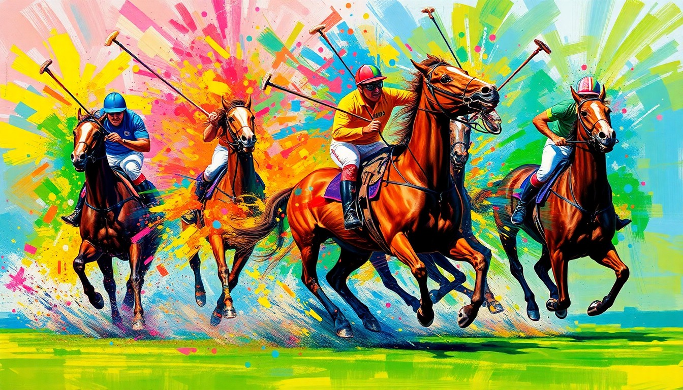 An abstract, expressionist painting in vibrant neon colors, capturing the dynamic movement and energy of a high-goal polo match with players and horses blending into a colorful, textured composition.