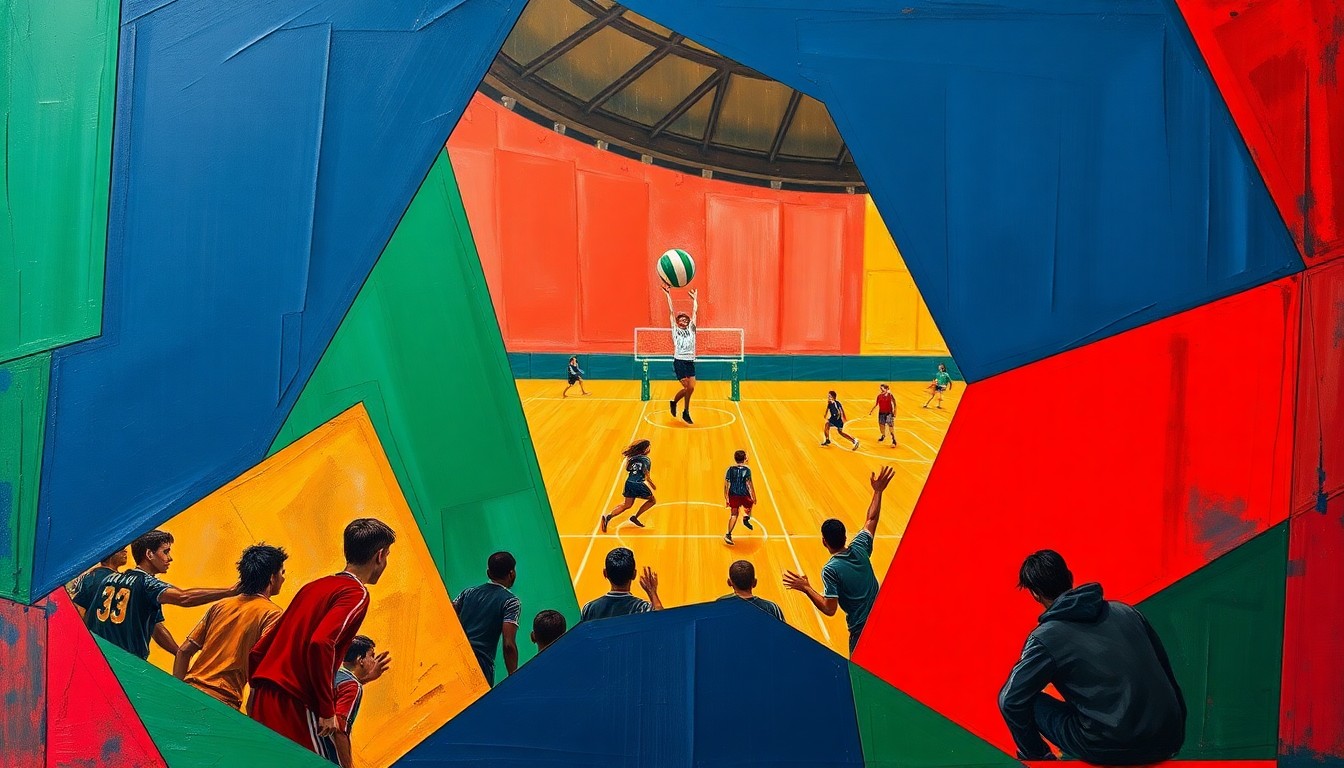 A cubist, geometric painting depicting a high school volleyball game, with the players and court broken down into sharp, overlapping planes of color, conceptually representing the sport's fast-paced action and strategic complexity.