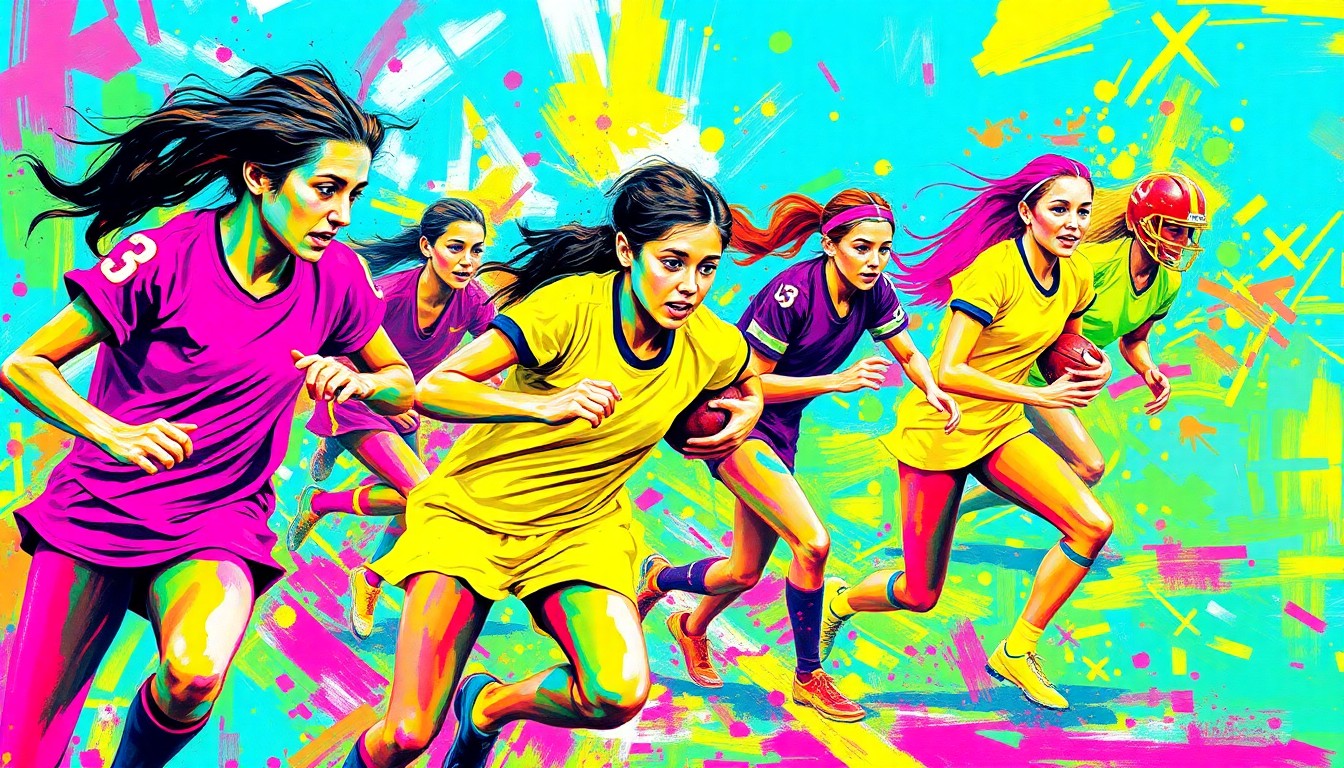 An abstract, energetic painting in vibrant neon colors depicting the raw athleticism and competitive spirit of a girls flag football game, with players' forms dissolving into unrecognizable splatters of color.