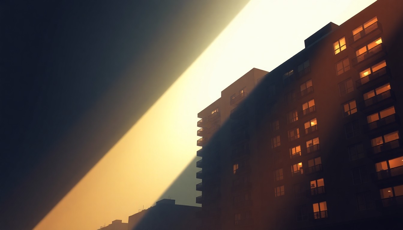 A serene, photorealistic painting of a tall, glass-and-steel high-rise apartment building in New York City, with warm sunlight streaming through the windows and deep shadows cast across the facade, creating a contemplative, cinematic mood.