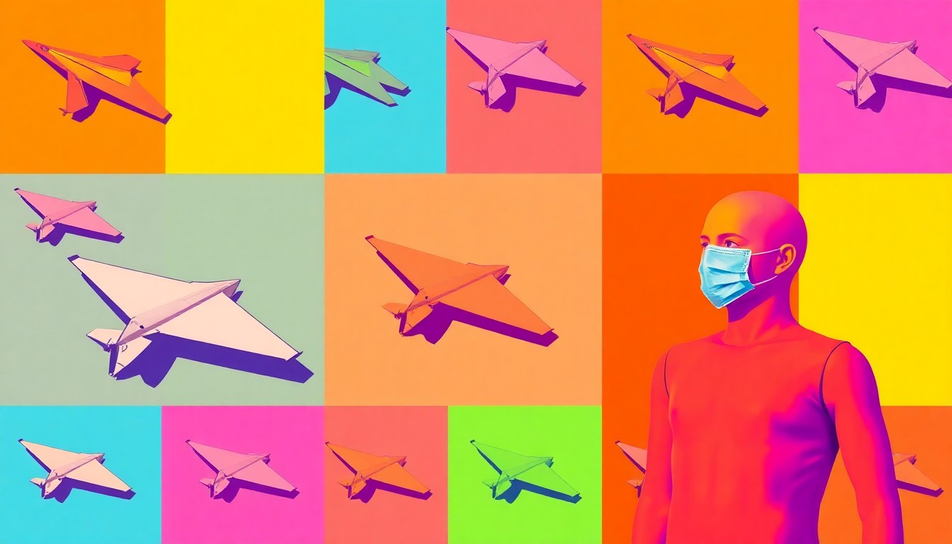 A vibrant, high-contrast silkscreen print featuring repeated images of a paper airplane, a spray simulator, and a medical training dummy, representing the diverse career-focused activities at the GMG CTE Career Olympics.
