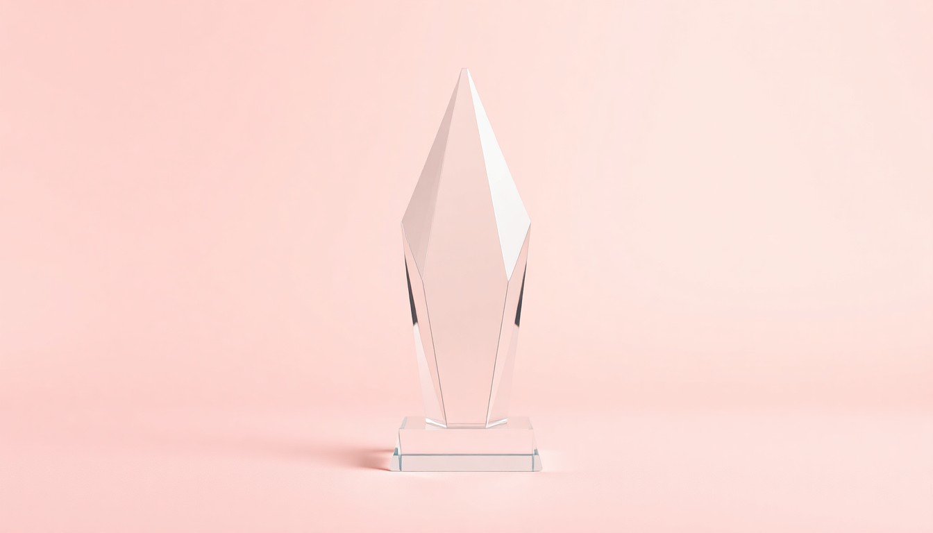 A close-up photograph of a sleek, modern glass trophy or award resting on a plain white background, conveying a sense of professional accomplishment and recognition.