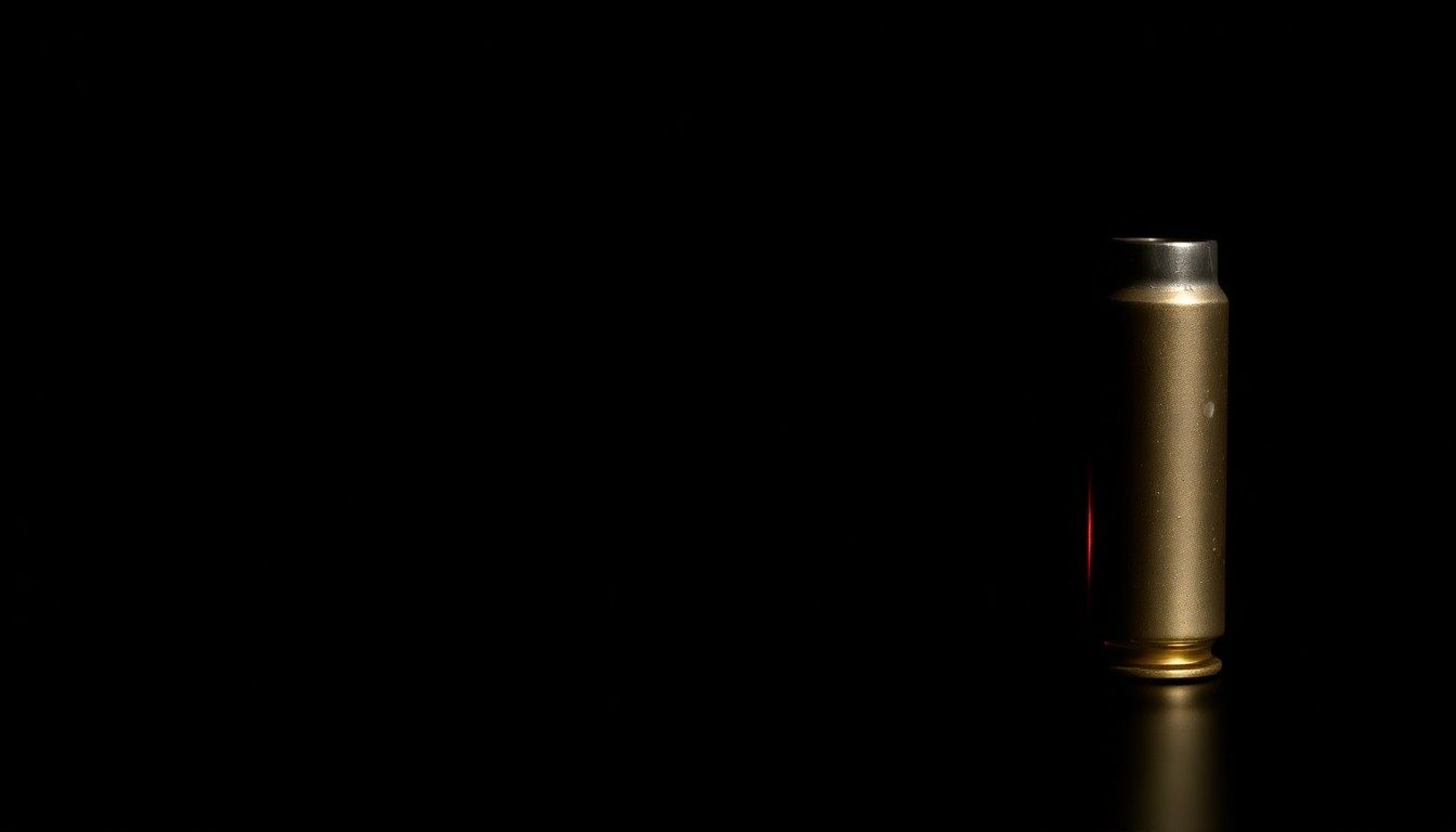 An extreme close-up photograph of a single spent bullet casing against a pitch-black background, the metallic surface reflecting a faint red glow under harsh, direct lighting, creating a stark, gritty, investigative aesthetic.