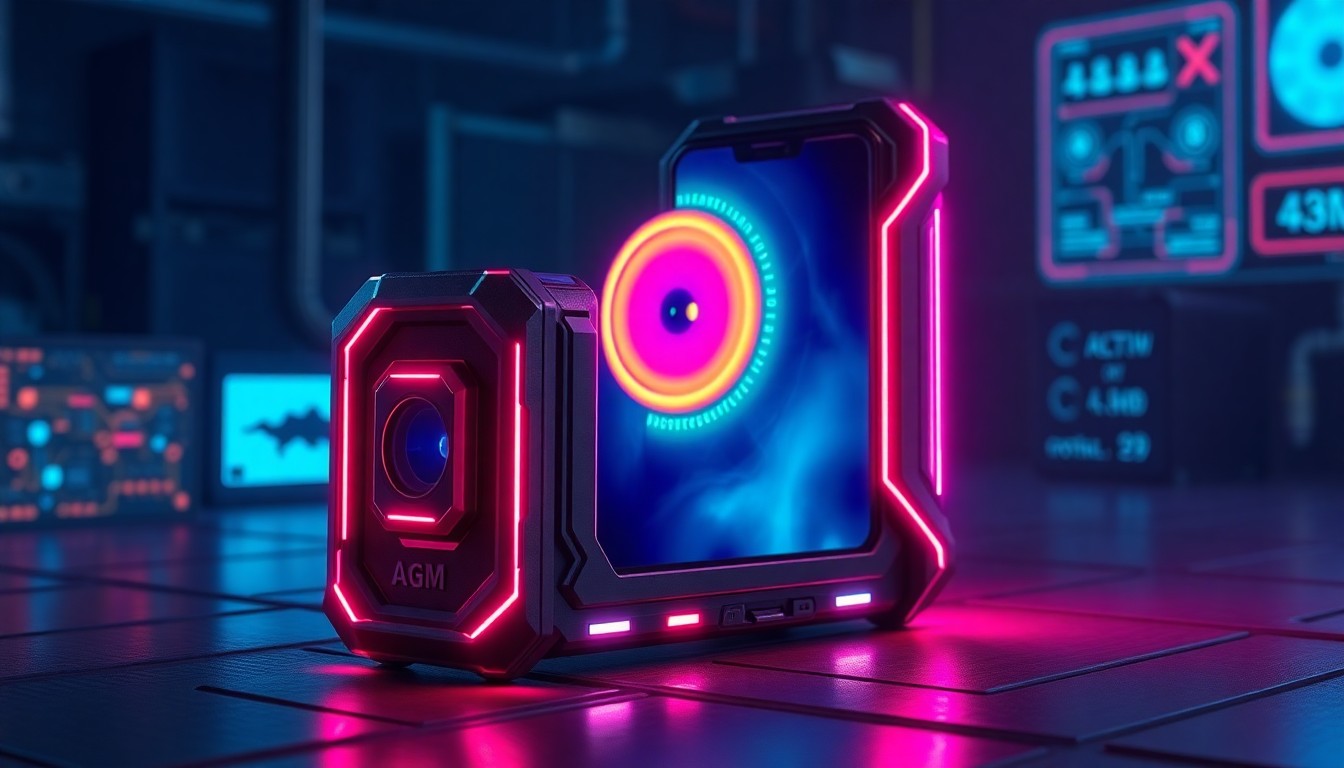 A highly detailed, glowing 3D illustration of an AGM rugged smartphone with a thermal imaging camera module, illuminated by neon cyan and magenta lights against a dark, industrial background with hints of circuitry and data visualizations. The image conceptually represents the cutting-edge technology and futuristic design of AGM's latest rugged mobile devices.