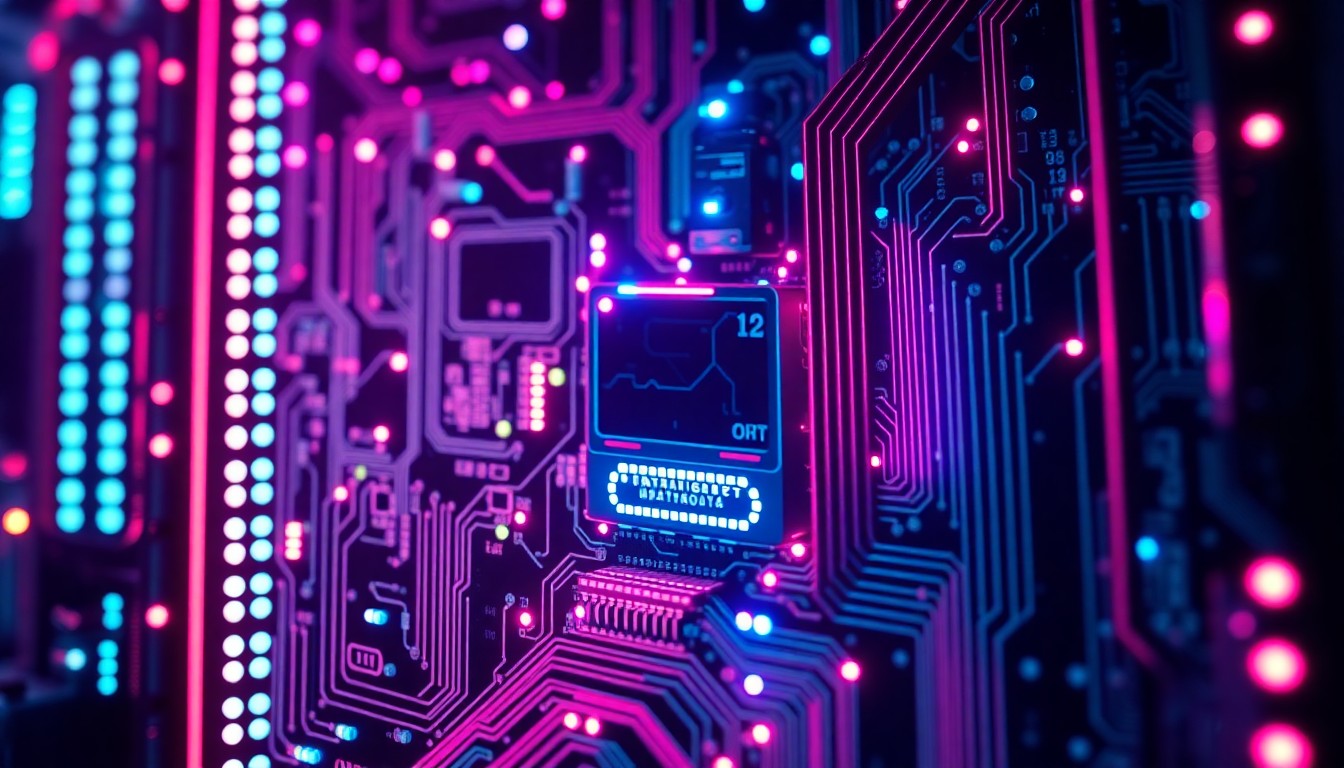 A highly detailed, glowing 3D macro illustration of a complex circuit board or server infrastructure, with neon cyan and magenta lights illuminating the intricate digital components, conceptually representing the technological backbone enabling data-driven sustainable development initiatives.
