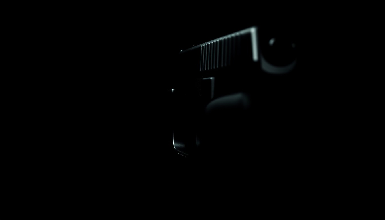 An extreme close-up of a handgun trigger against a pitch-black background, lit by a harsh, direct camera flash, conceptually illustrating the threat of gun violence in a kidnapping case.