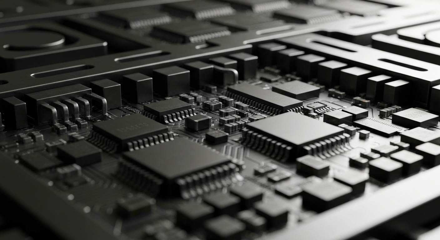 An extreme close-up of the intricate, metallic components that make up the internal mechanisms of a high-performance semiconductor chip, rendered in a heavy, industrial style with a focus on texture, form, and the beauty of functional engineering.