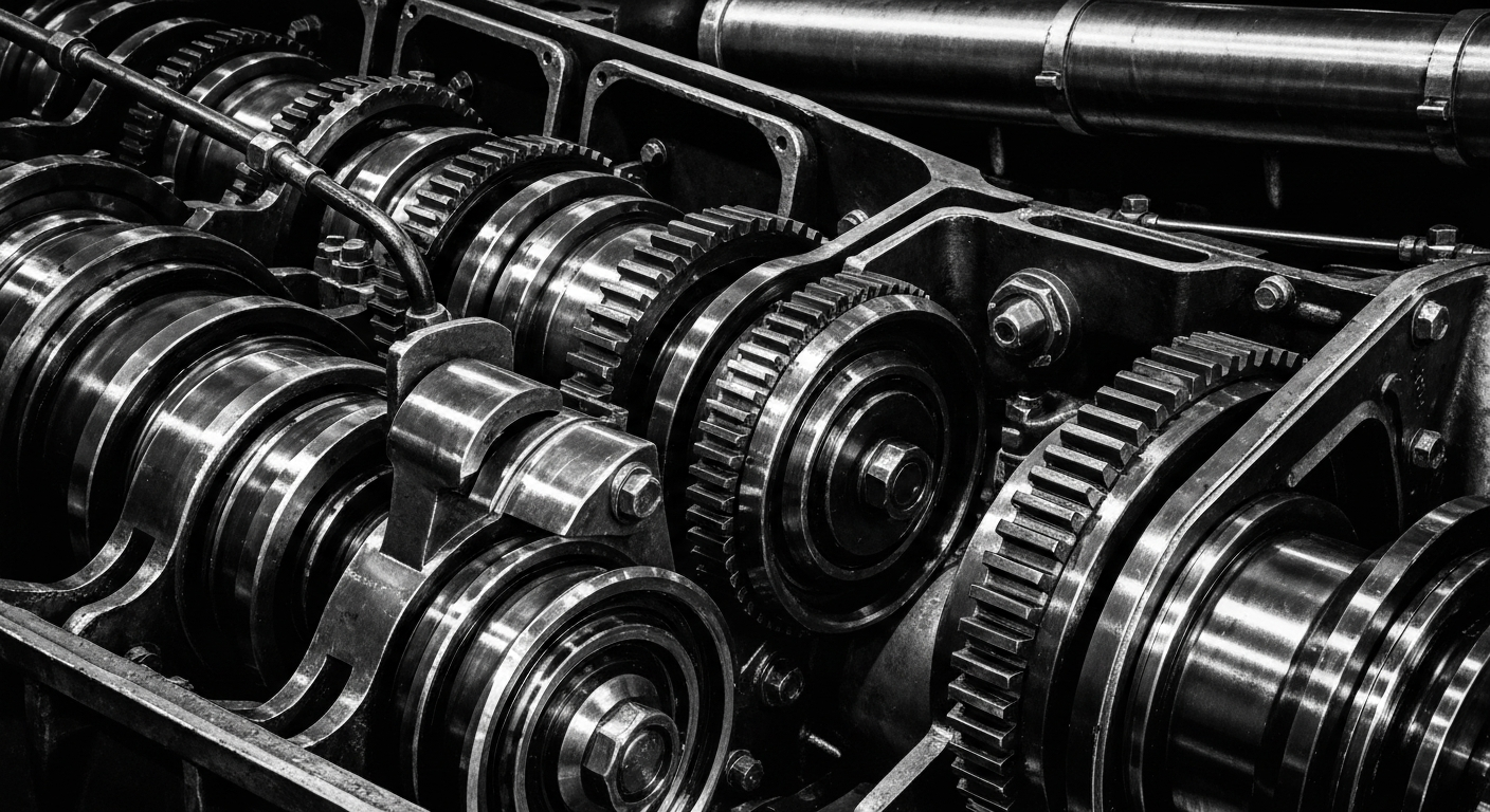 A dramatic, high-contrast black and white close-up image of the internal machinery and components of a large industrial engine, conveying a sense of power, precision, and the backbone of the global economy.