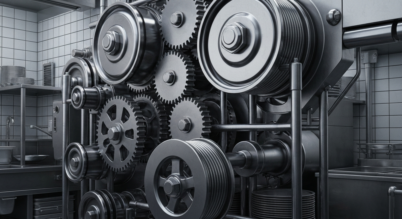 An extreme close-up of the heavy, industrial machinery and equipment inside a commercial kitchen, conveying the complex financial and operational infrastructure behind a major restaurant chain.