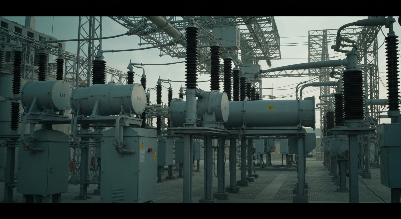 A dramatic close-up view of the intricate machinery and equipment inside a Duke Energy power substation, conveying the scale and complexity of the utility's critical infrastructure.
